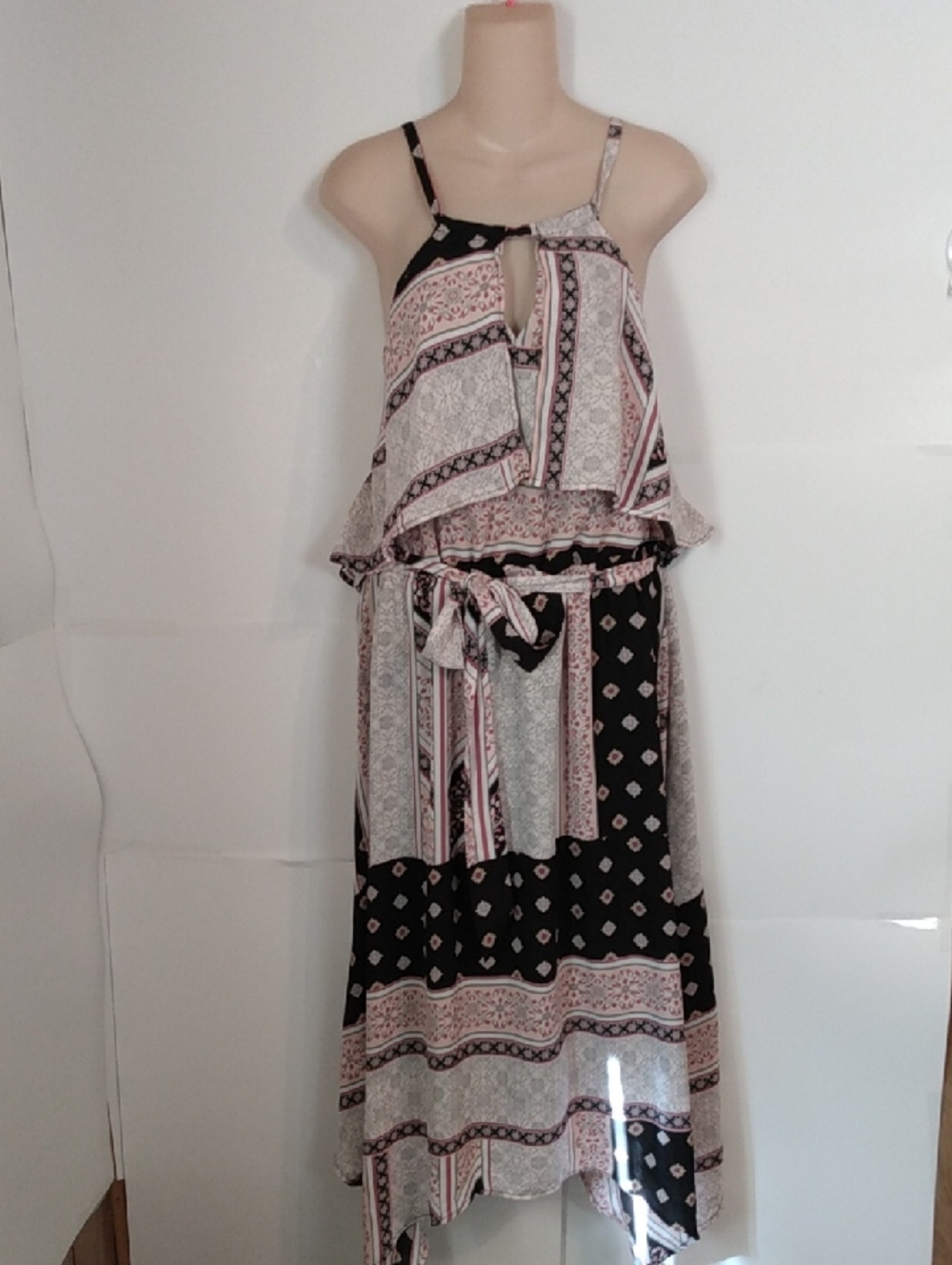 Boho Handkerchief Halter Milkmaid Dress Pink White Black Large